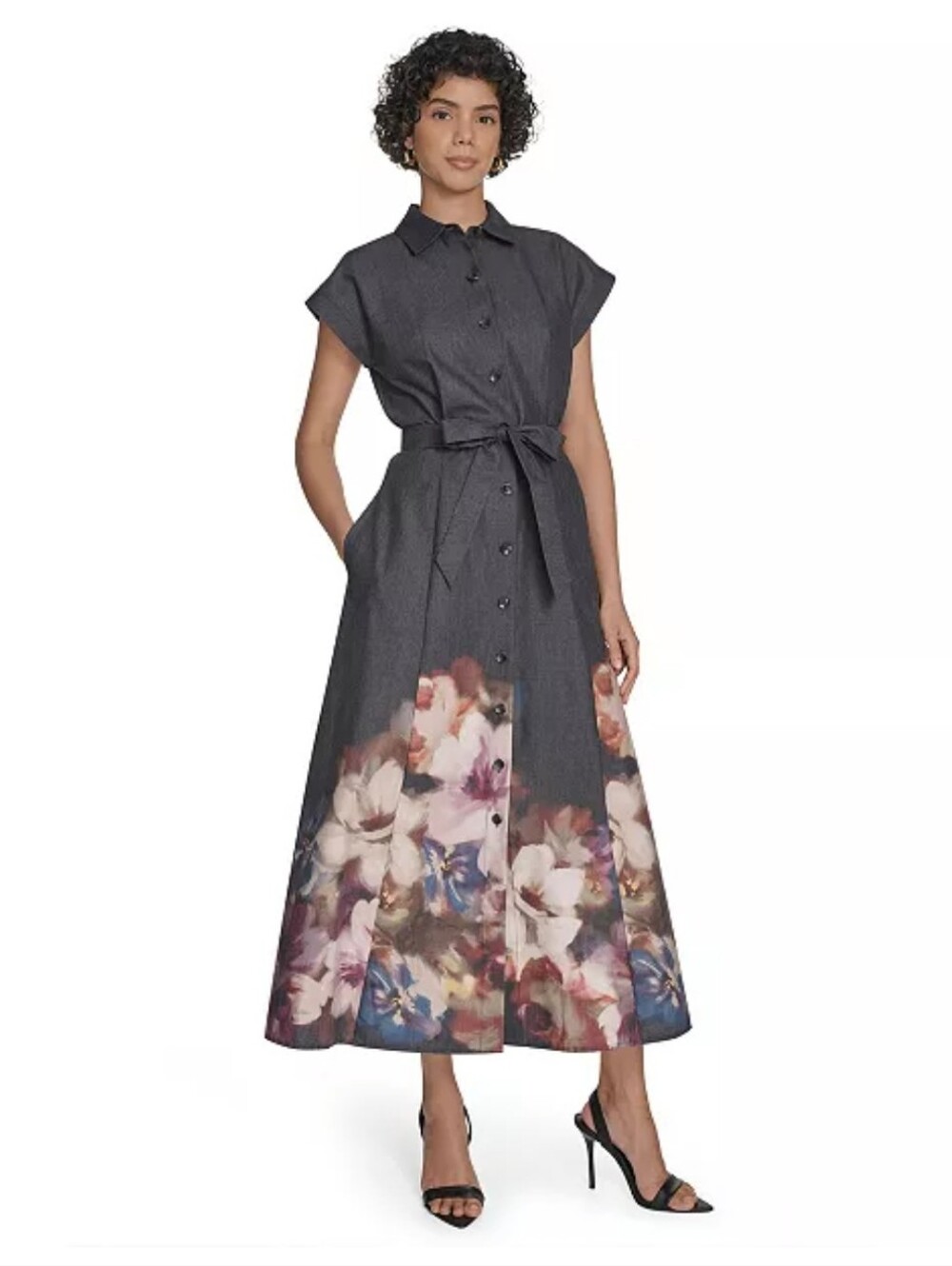 NWT Calvin Klein Size 2P Black Floral Button Front Belted Midi Shirt Dress $159